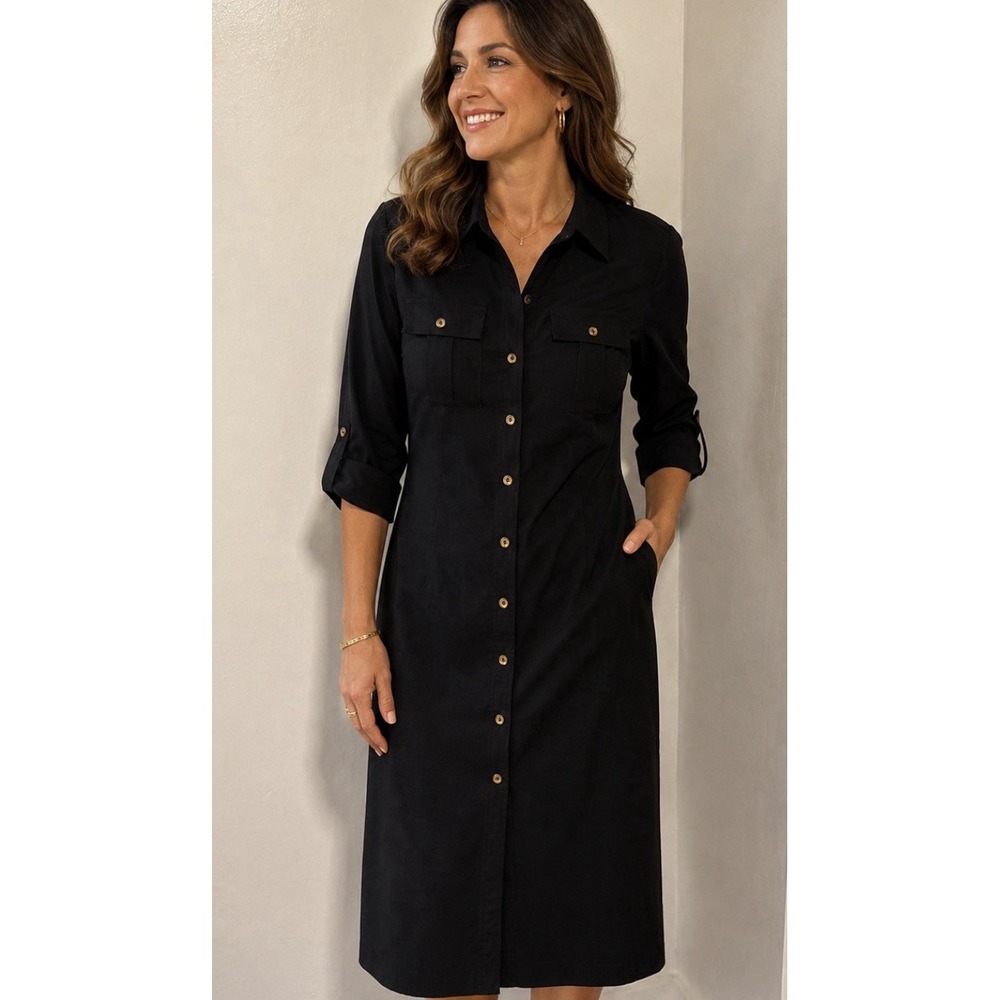 Worthington Black Button Down Shirt Dress Roll Tab Sleeve Midi Size S